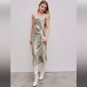 Cider Satin Watercolor Cowl Neck Midi Dress